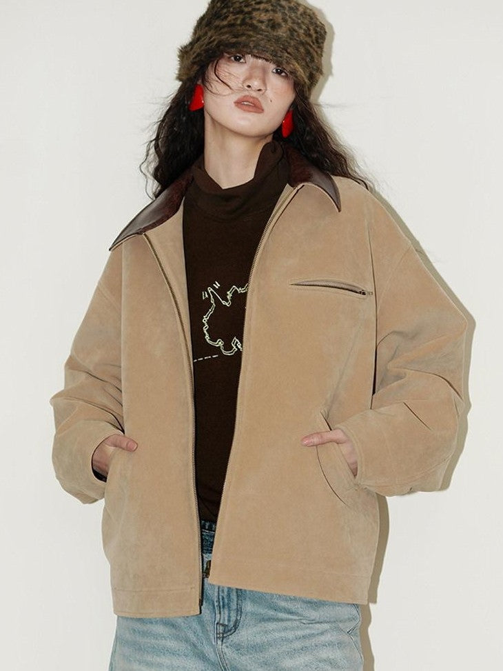 badtaste Western Suede Plush Loose Fit Women's Wool Blend Utility Jackets