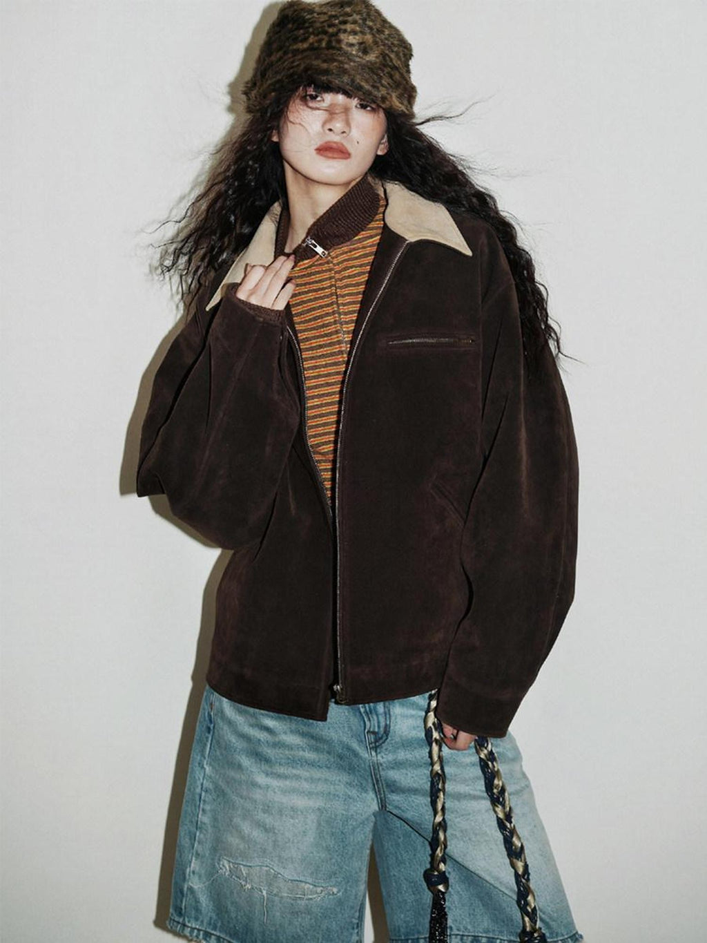 badtaste Western Suede Plush Loose Fit Women's Wool Blend Utility Jackets
