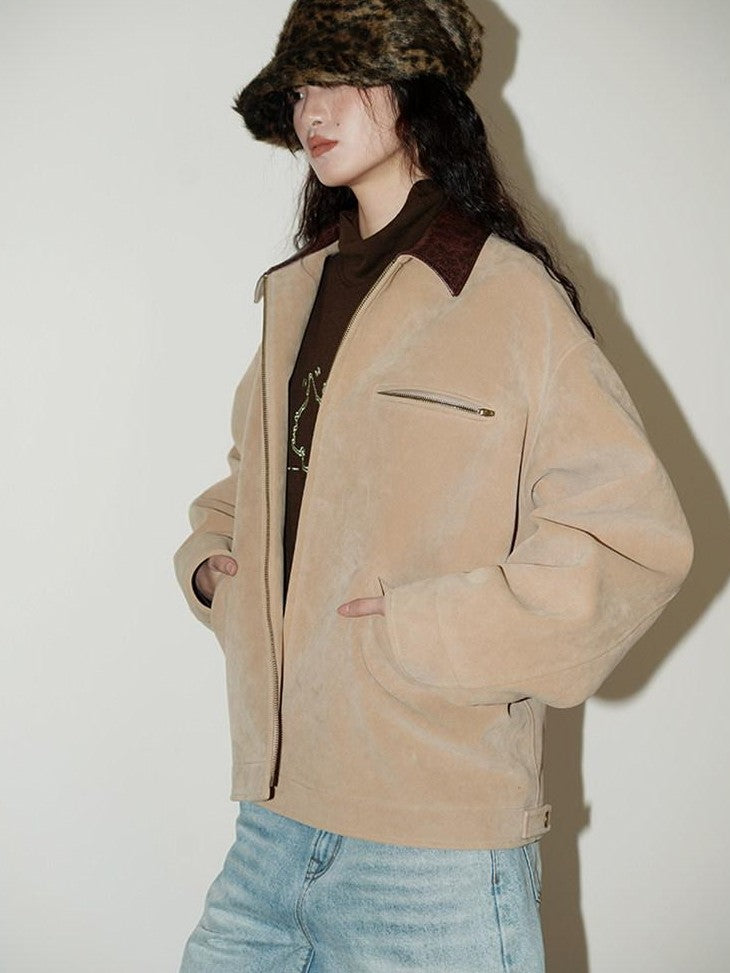 Western Suede Plush Loose Fit Women's Wool Blend Utility Jackets