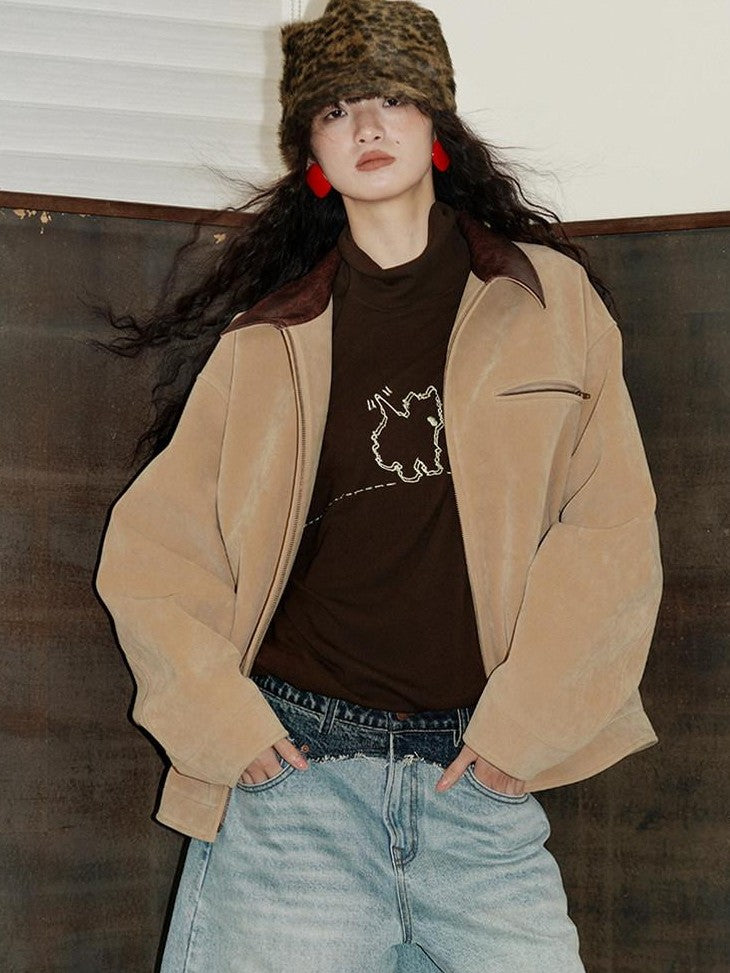 badtaste Western Suede Plush Loose Fit Women's Wool Blend Utility Jackets