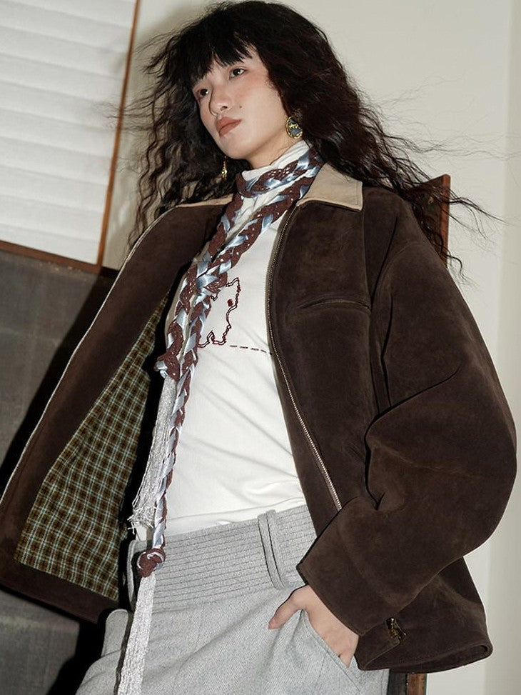 badtaste Western Suede Plush Loose Fit Women's Wool Blend Utility Jackets
