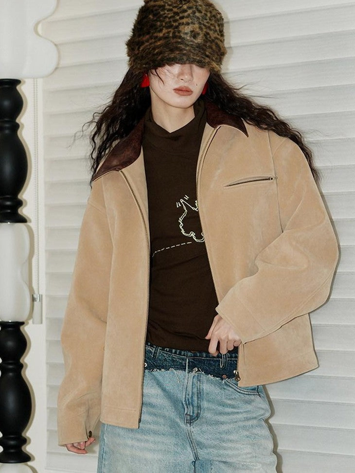 Western Suede Plush Loose Fit Women's Wool Blend Utility Jackets