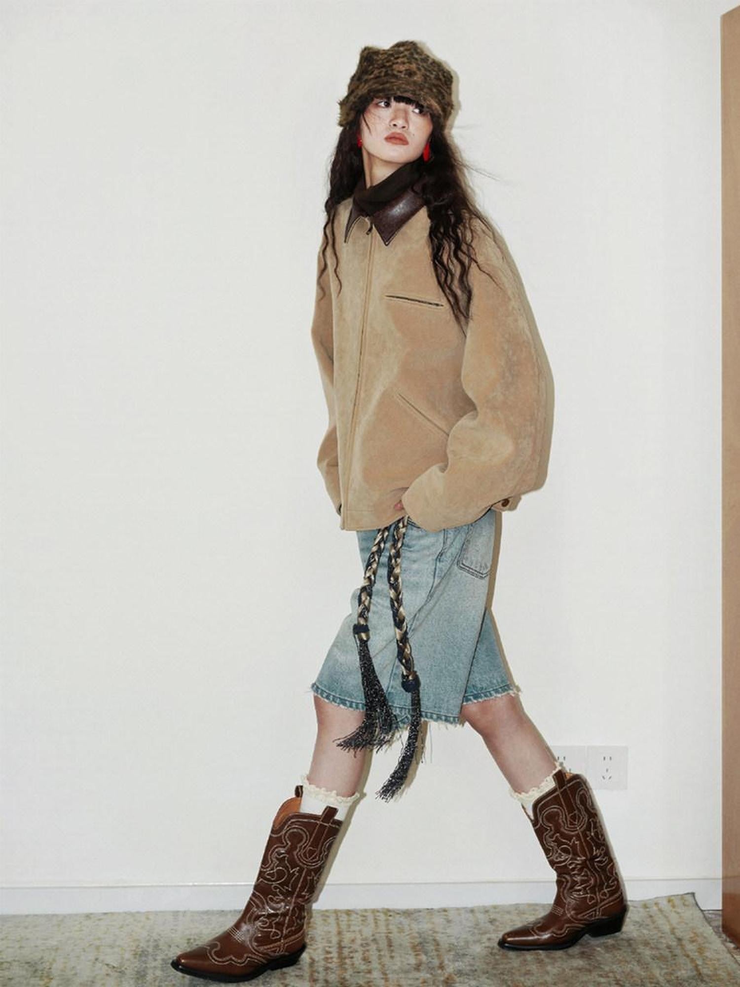 badtaste Western Suede Plush Loose Fit Women's Wool Blend Utility Jackets