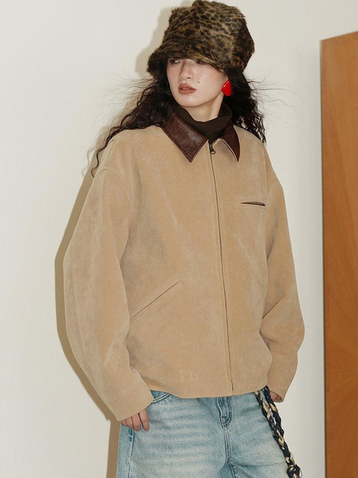 badtaste Western Suede Plush Loose Fit Women's Wool Blend Utility Jackets