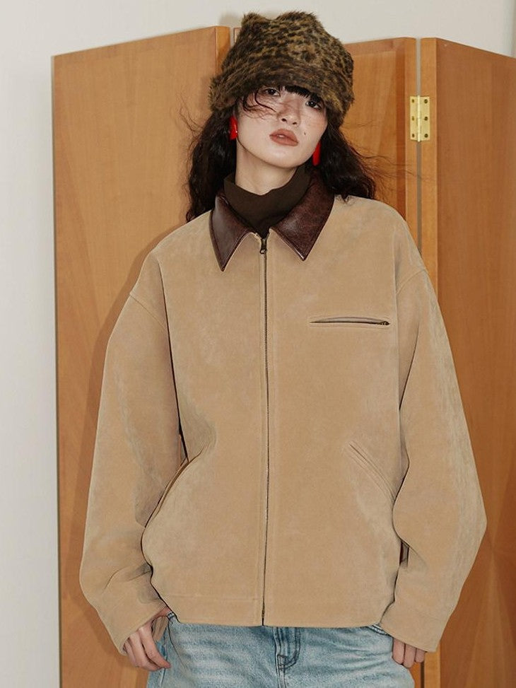 badtaste Western Suede Plush Loose Fit Women's Wool Blend Utility Jackets