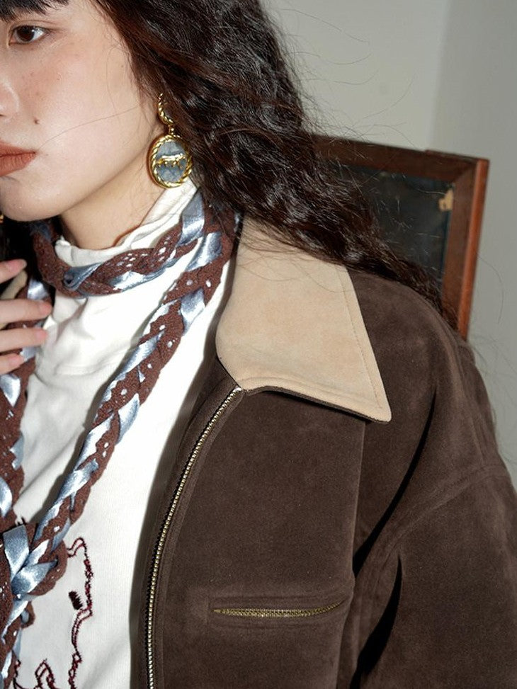 badtaste Western Suede Plush Loose Fit Women's Wool Blend Utility Jackets