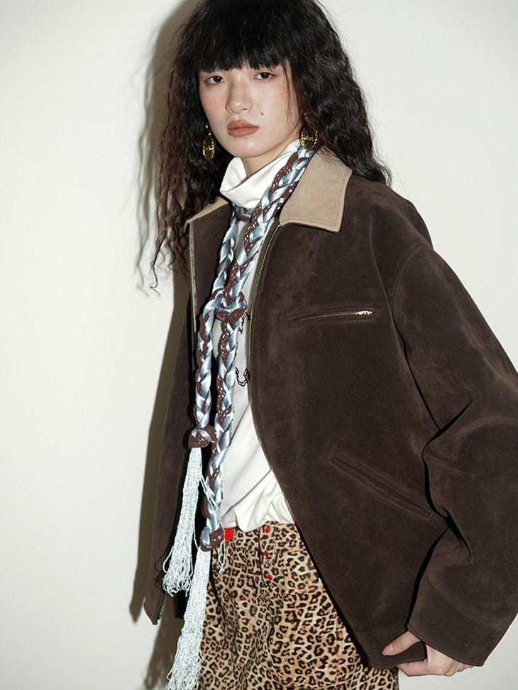 badtaste Western Suede Plush Loose Fit Women's Wool Blend Utility Jackets