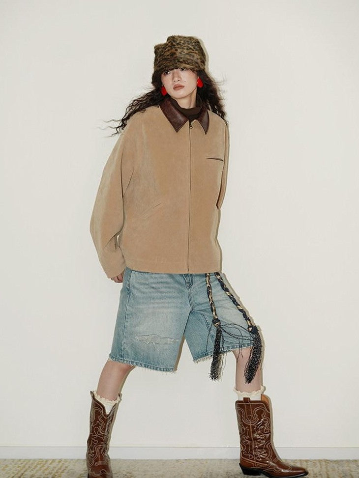 Western Suede Plush Loose Fit Women's Wool Blend Utility Jackets