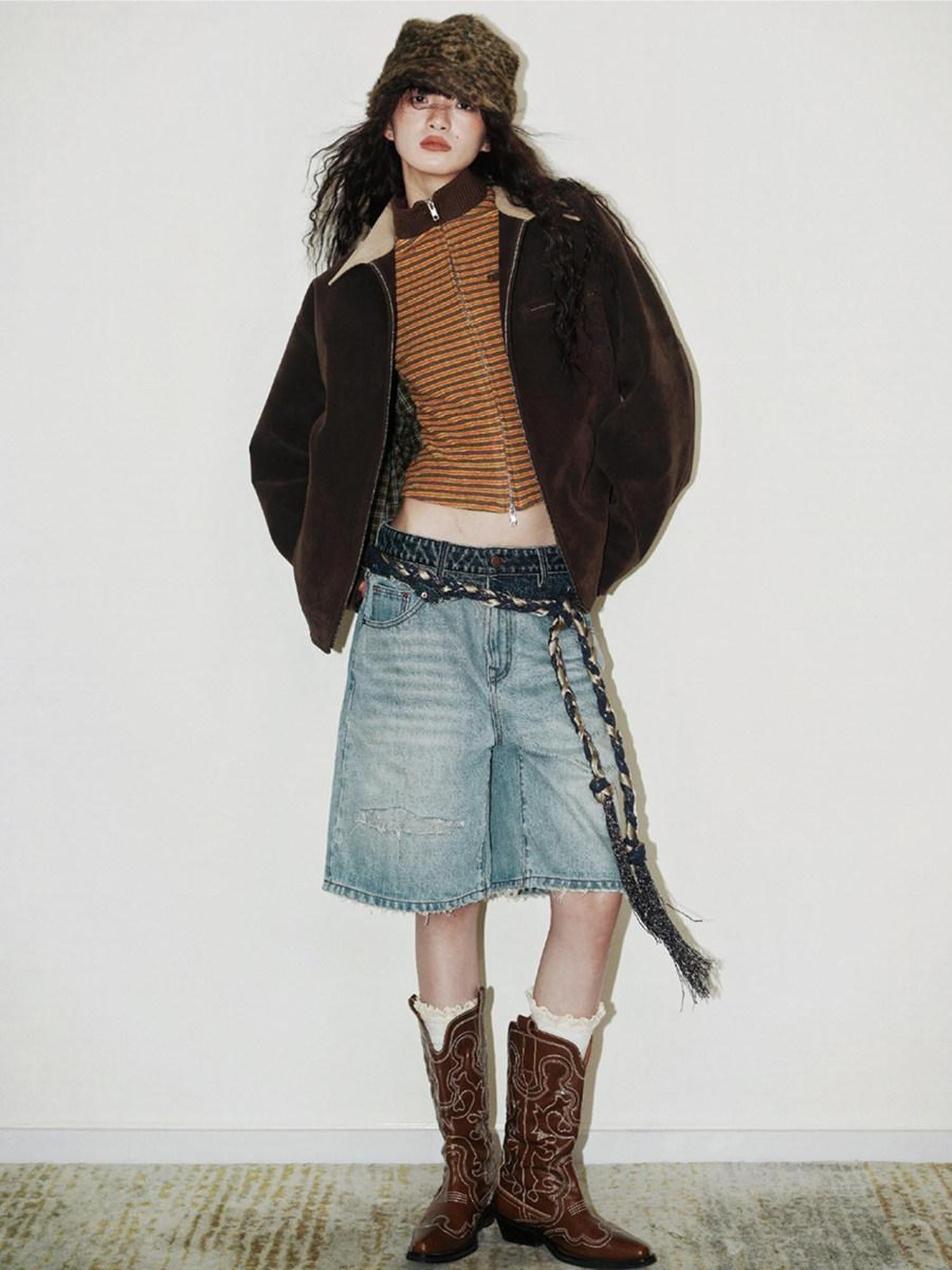 badtaste Western Suede Plush Loose Fit Women's Wool Blend Utility Jackets