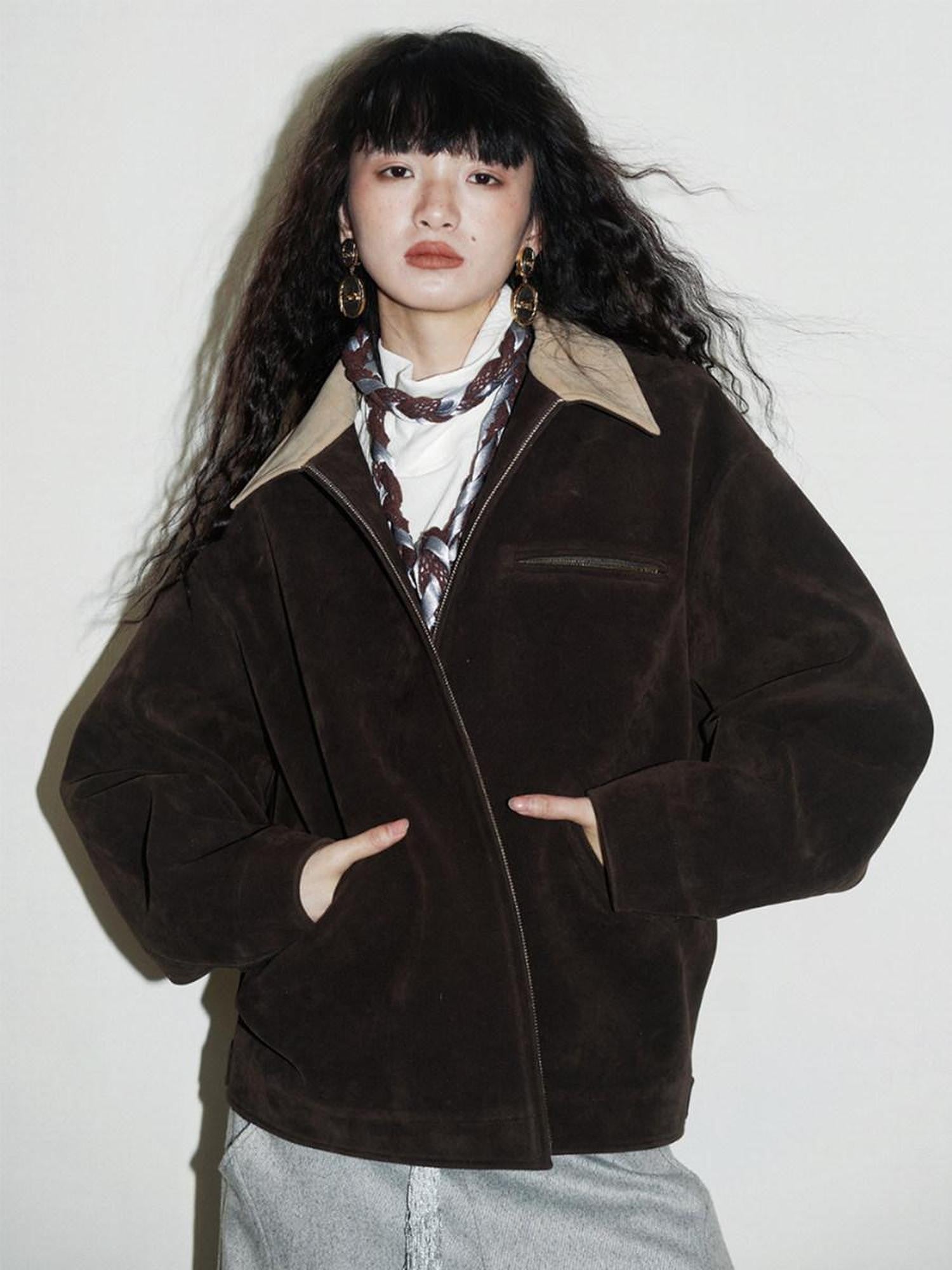 Western Suede Plush Loose Fit Women's Wool Blend Utility Jackets