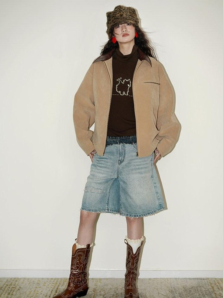 badtaste Western Suede Plush Loose Fit Women's Wool Blend Utility Jackets