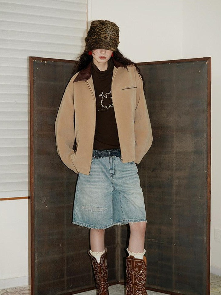 Western Suede Plush Loose Fit Women's Wool Blend Utility Jackets