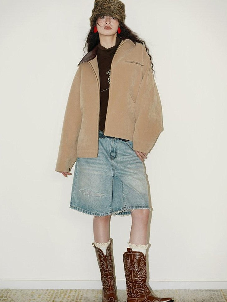 badtaste Western Suede Plush Loose Fit Women's Wool Blend Utility Jackets