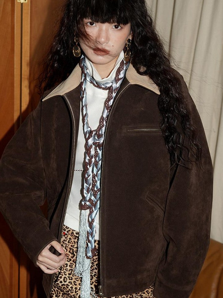 badtaste Western Suede Plush Loose Fit Women's Wool Blend Utility Jackets