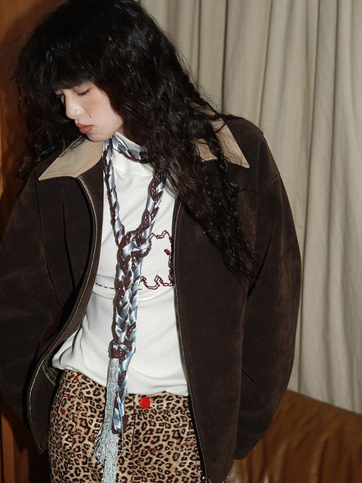 badtaste Western Suede Plush Loose Fit Women's Wool Blend Utility Jackets