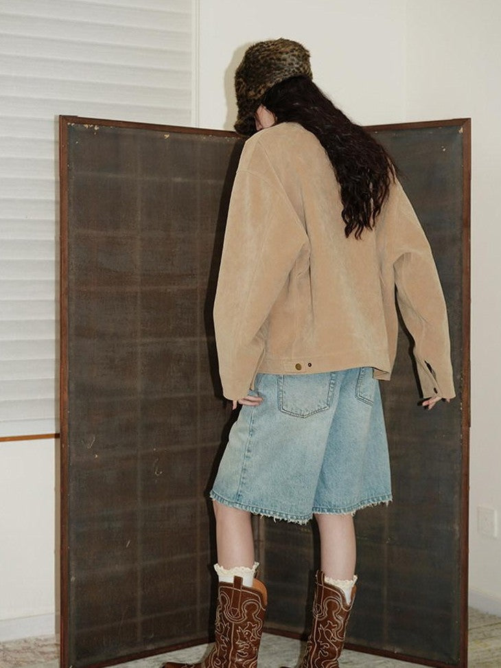 Western Suede Plush Loose Fit Women's Wool Blend Utility Jackets