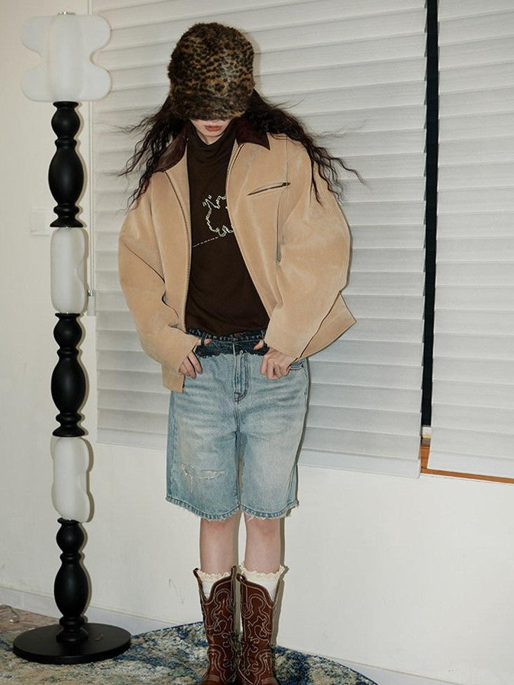 Western Suede Plush Loose Fit Women's Wool Blend Utility Jackets