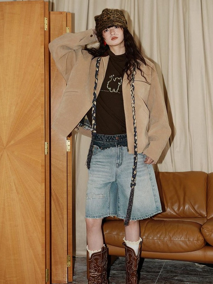 Western Suede Plush Loose Fit Women's Wool Blend Utility Jackets