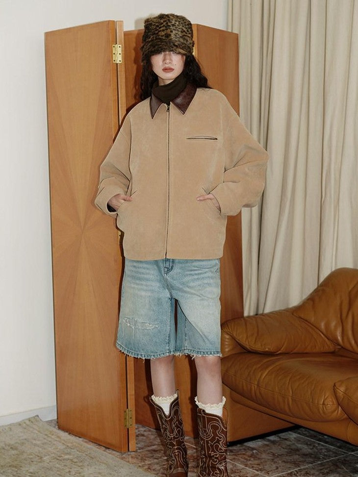 Western Suede Plush Loose Fit Women's Wool Blend Utility Jackets