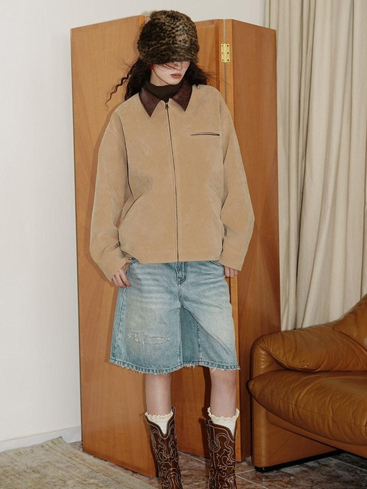 badtaste Western Suede Plush Loose Fit Women's Wool Blend Utility Jackets
