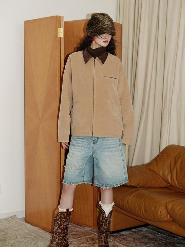 badtaste Western Suede Plush Loose Fit Women's Wool Blend Utility Jackets
