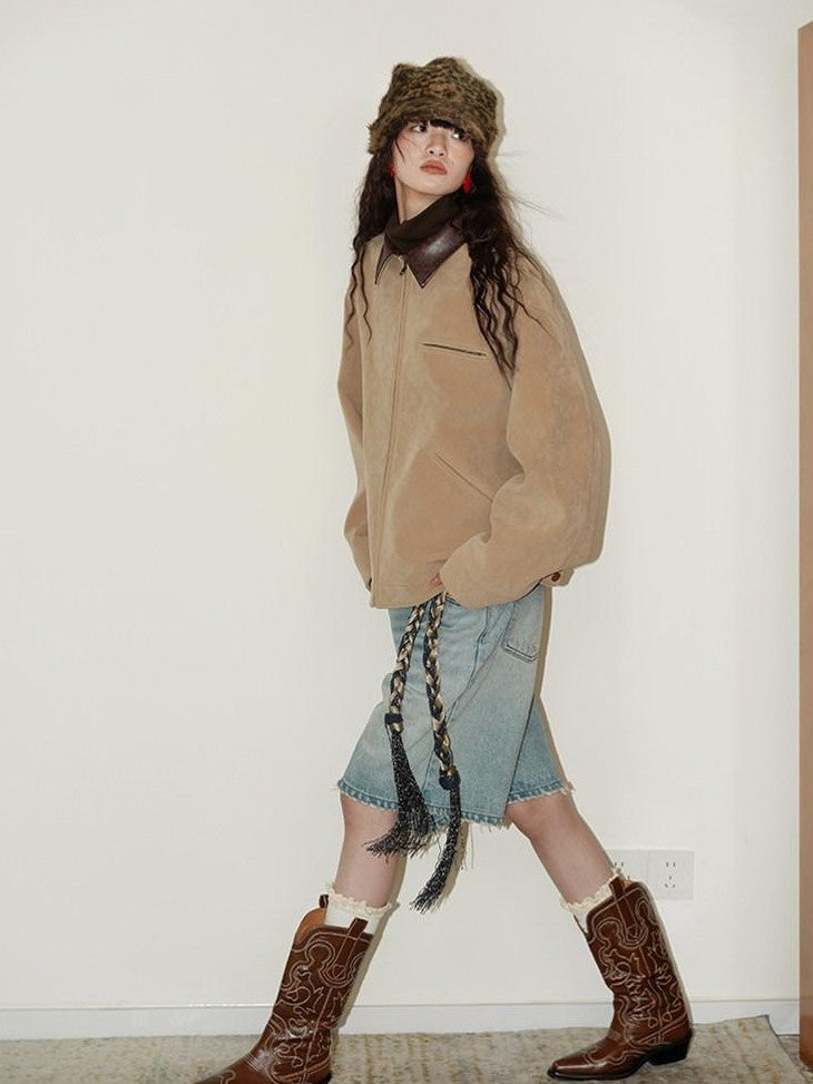 Western Suede Plush Loose Fit Women's Wool Blend Utility Jackets