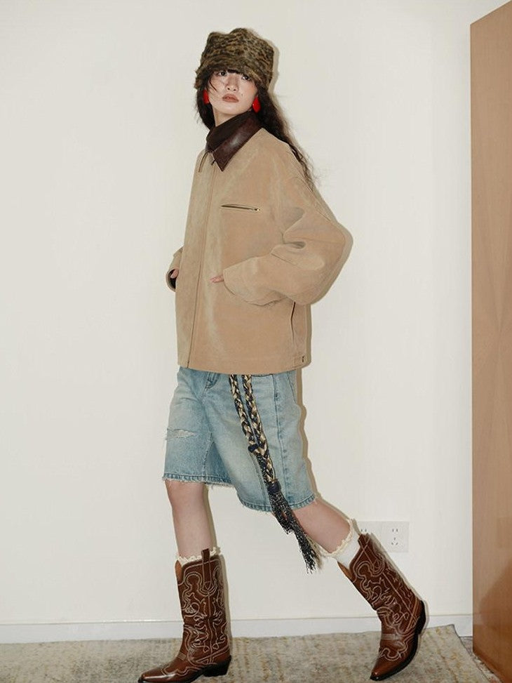 Western Suede Plush Loose Fit Women's Wool Blend Utility Jackets