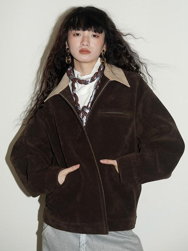 badtaste Western Suede Plush Loose Fit Women's Wool Blend Utility Jackets