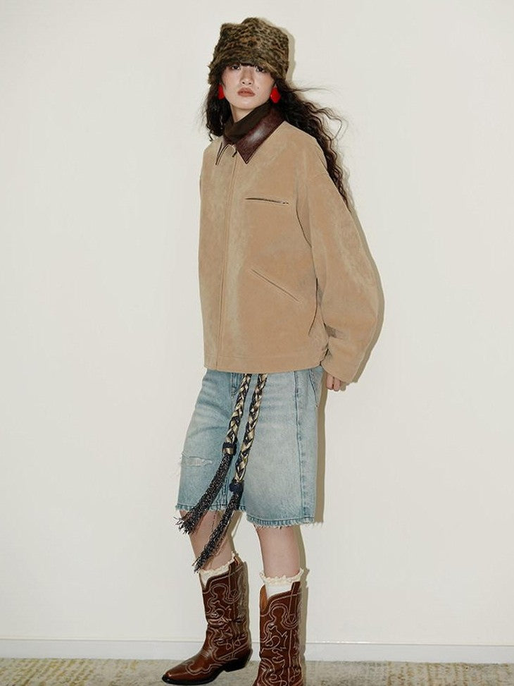 Western Suede Plush Loose Fit Women's Wool Blend Utility Jackets