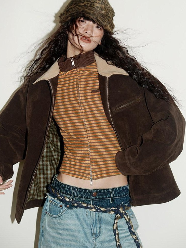 badtaste Western Suede Plush Loose Fit Women's Wool Blend Utility Jackets