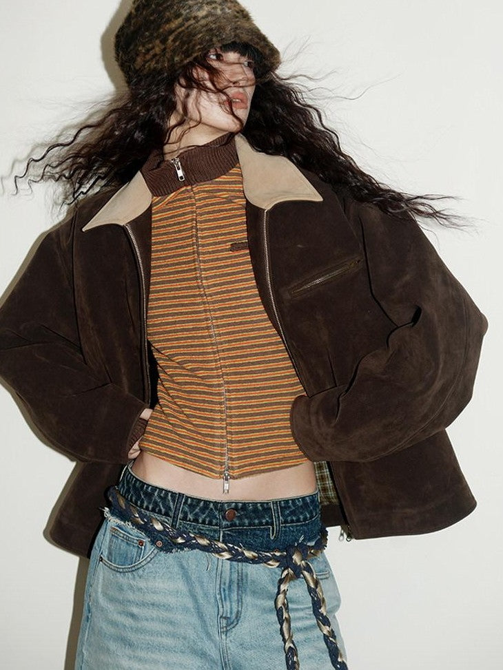Western Suede Plush Loose Fit Women's Wool Blend Utility Jackets