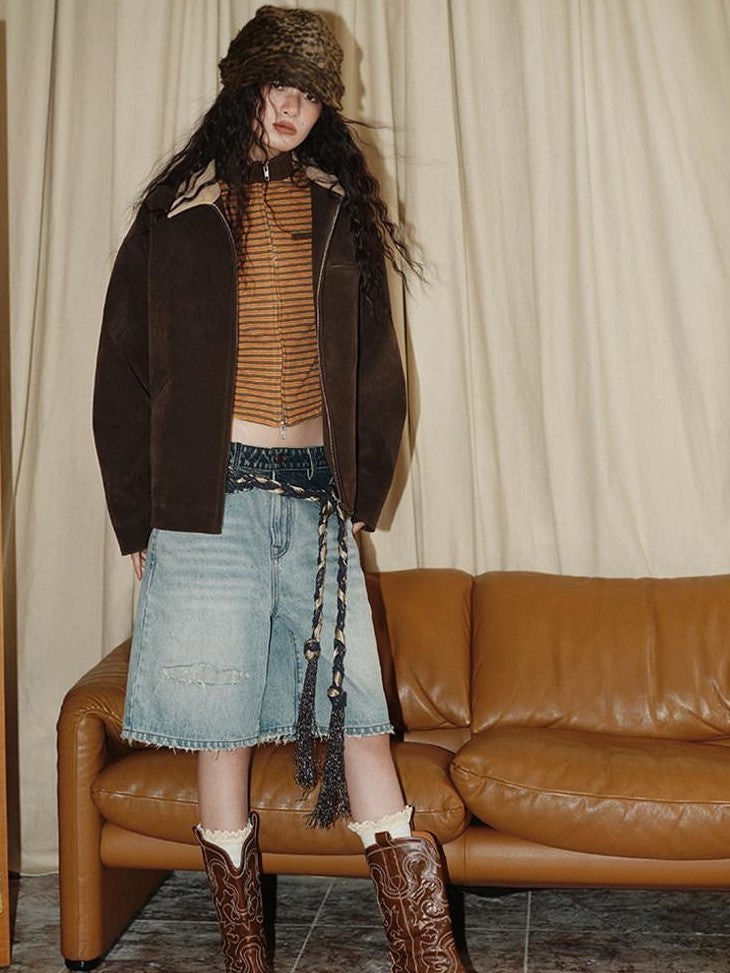 Western Suede Plush Loose Fit Women's Wool Blend Utility Jackets
