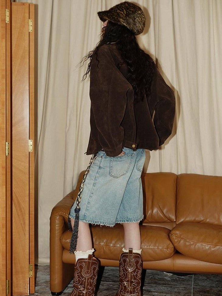 Western Suede Plush Loose Fit Women's Wool Blend Utility Jackets