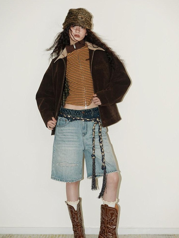 Western Suede Plush Loose Fit Women's Wool Blend Utility Jackets