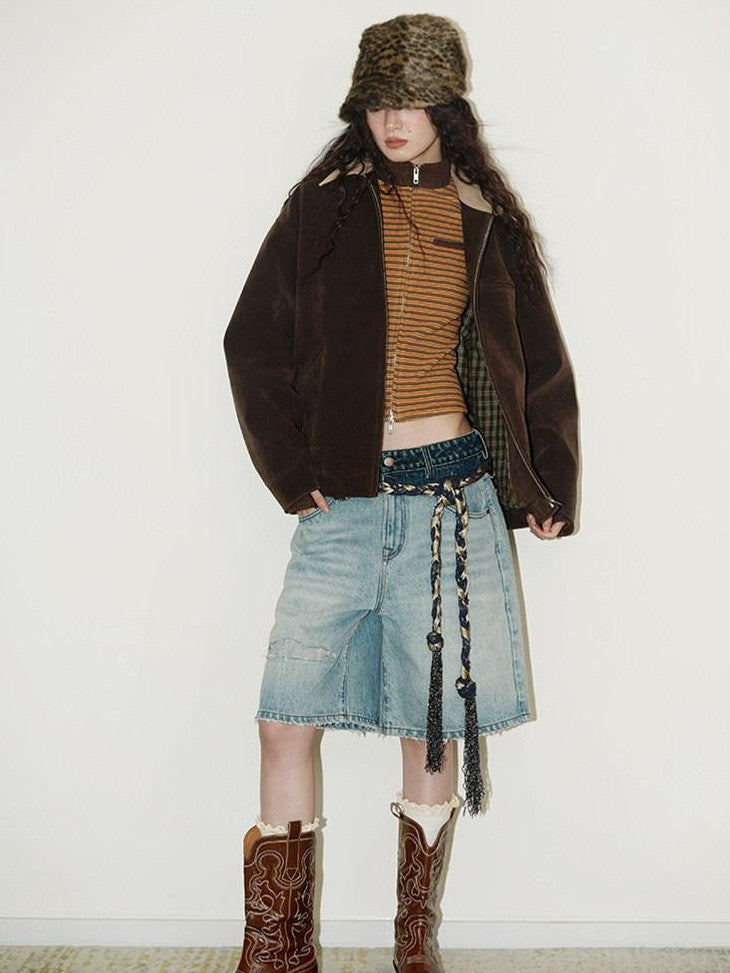 badtaste Western Suede Plush Loose Fit Women's Wool Blend Utility Jackets