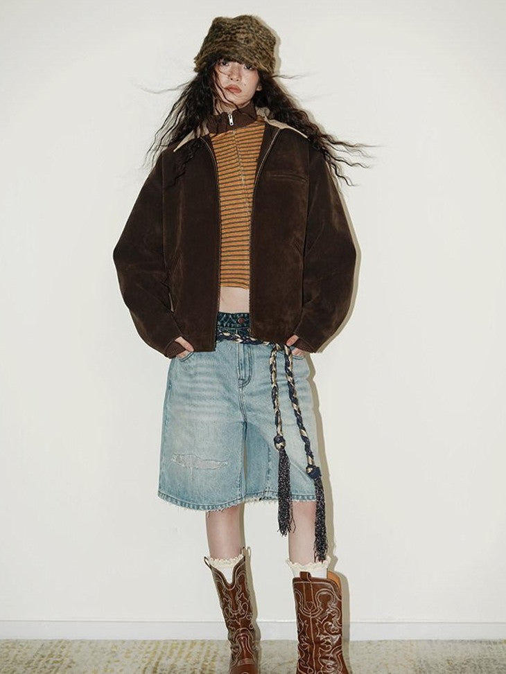 badtaste Western Suede Plush Loose Fit Women's Wool Blend Utility Jackets