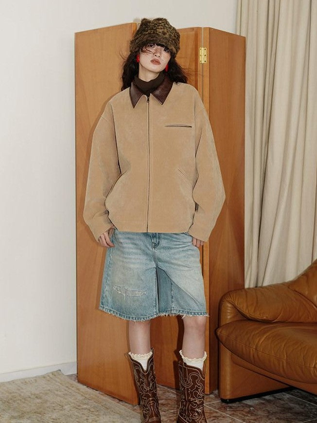 badtaste Western Suede Plush Loose Fit Women's Wool Blend Utility Jackets