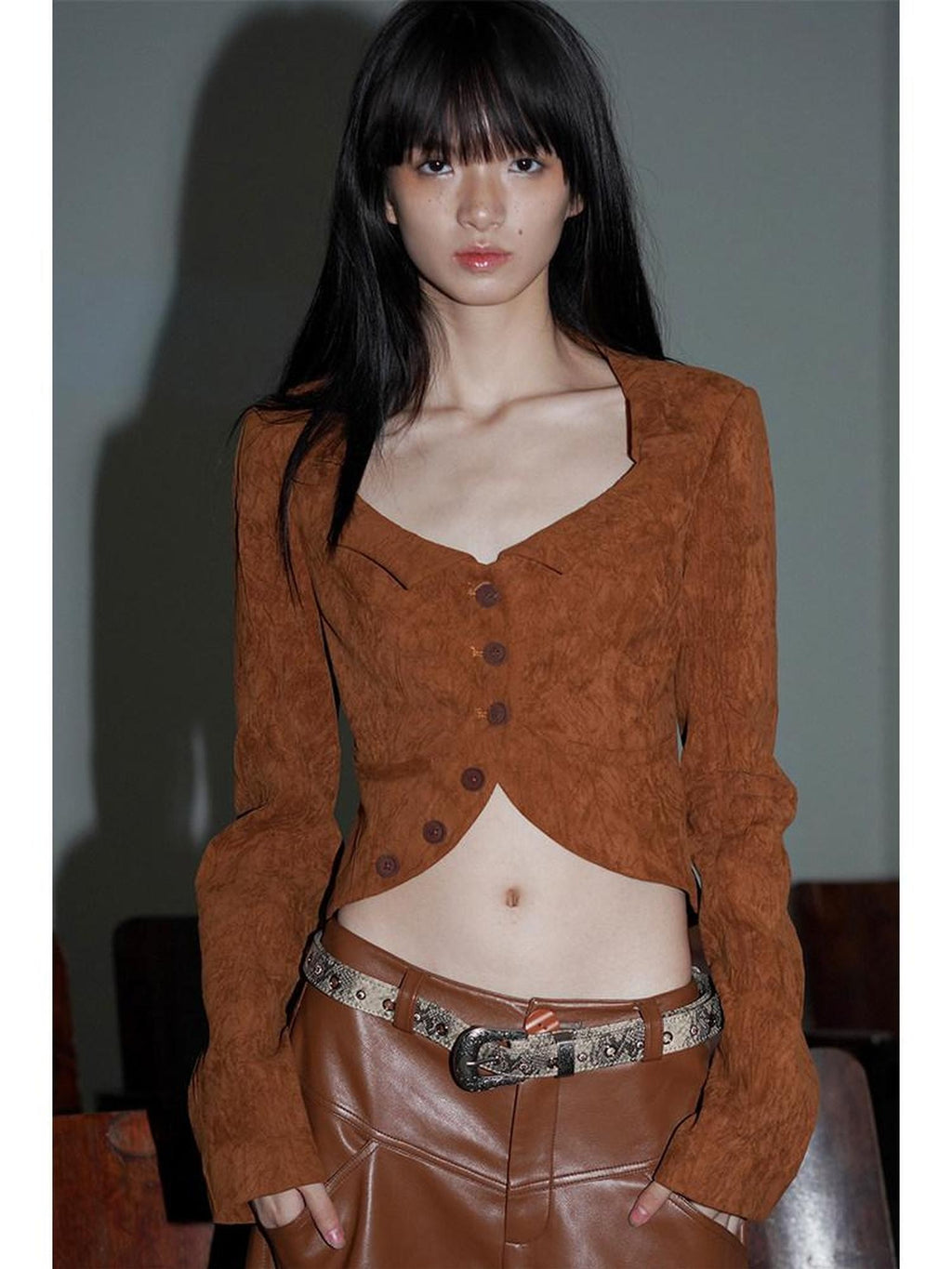 badtaste Western Tailored Slim Fit Women's Textured Weave Fabric Cropped Jackets