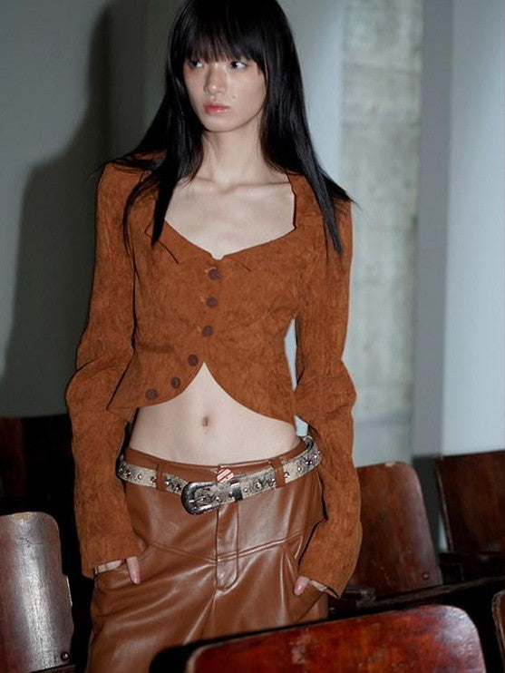 badtaste Western Tailored Slim Fit Women's Textured Weave Fabric Cropped Jackets