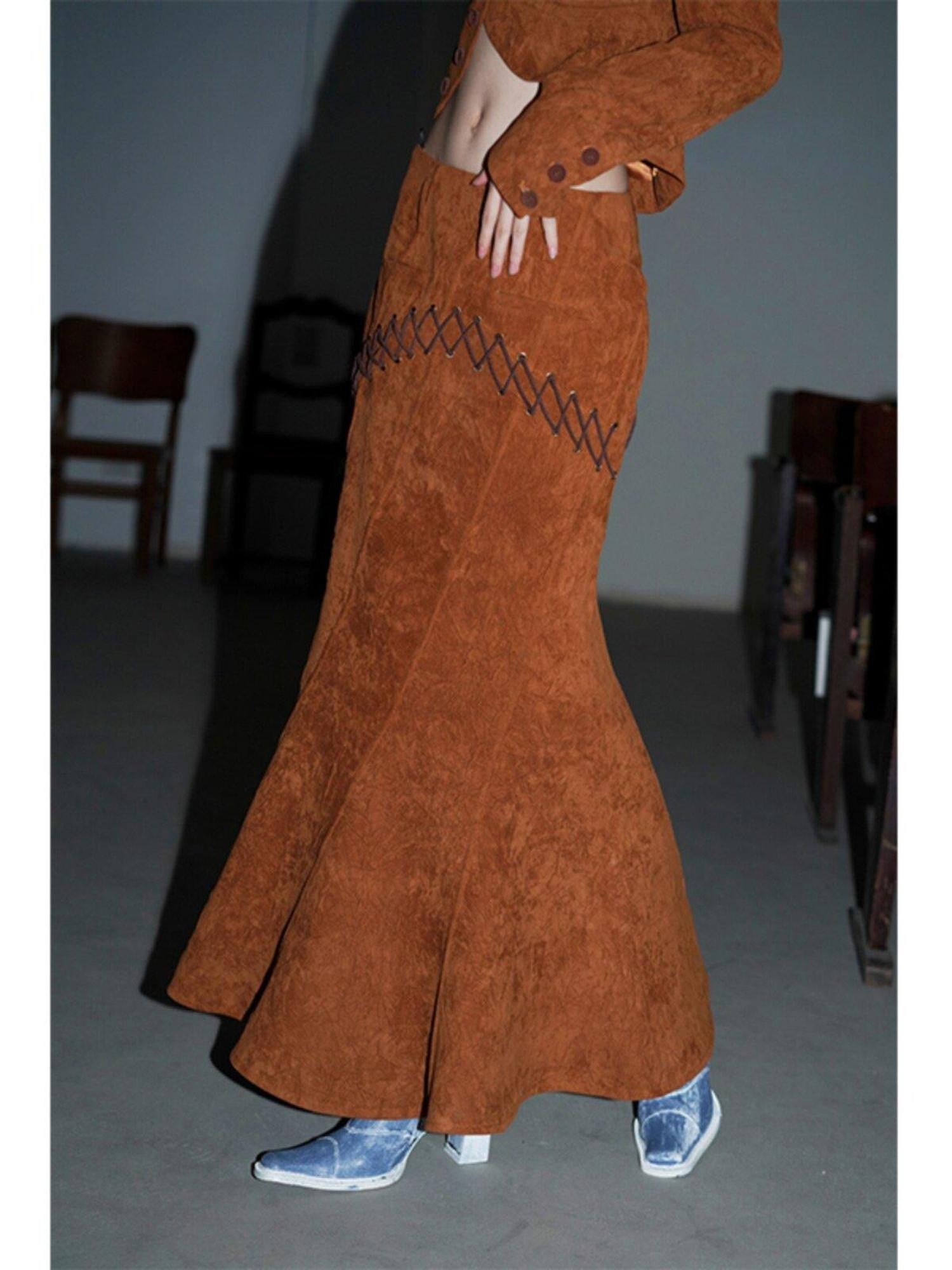 badtaste Western Tie Waist Heavy Textured Fabric Design Women's Mermaid Skirts