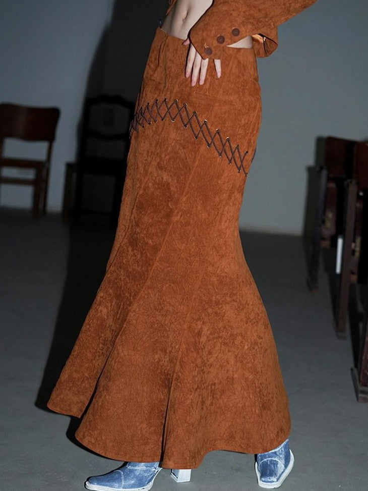 badtaste Western Tie Waist Heavy Textured Fabric Design Women's Mermaid Skirts