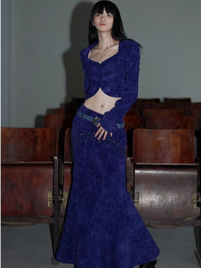 badtaste Western Tie Waist Heavy Textured Fabric Design Women's Mermaid Skirts
