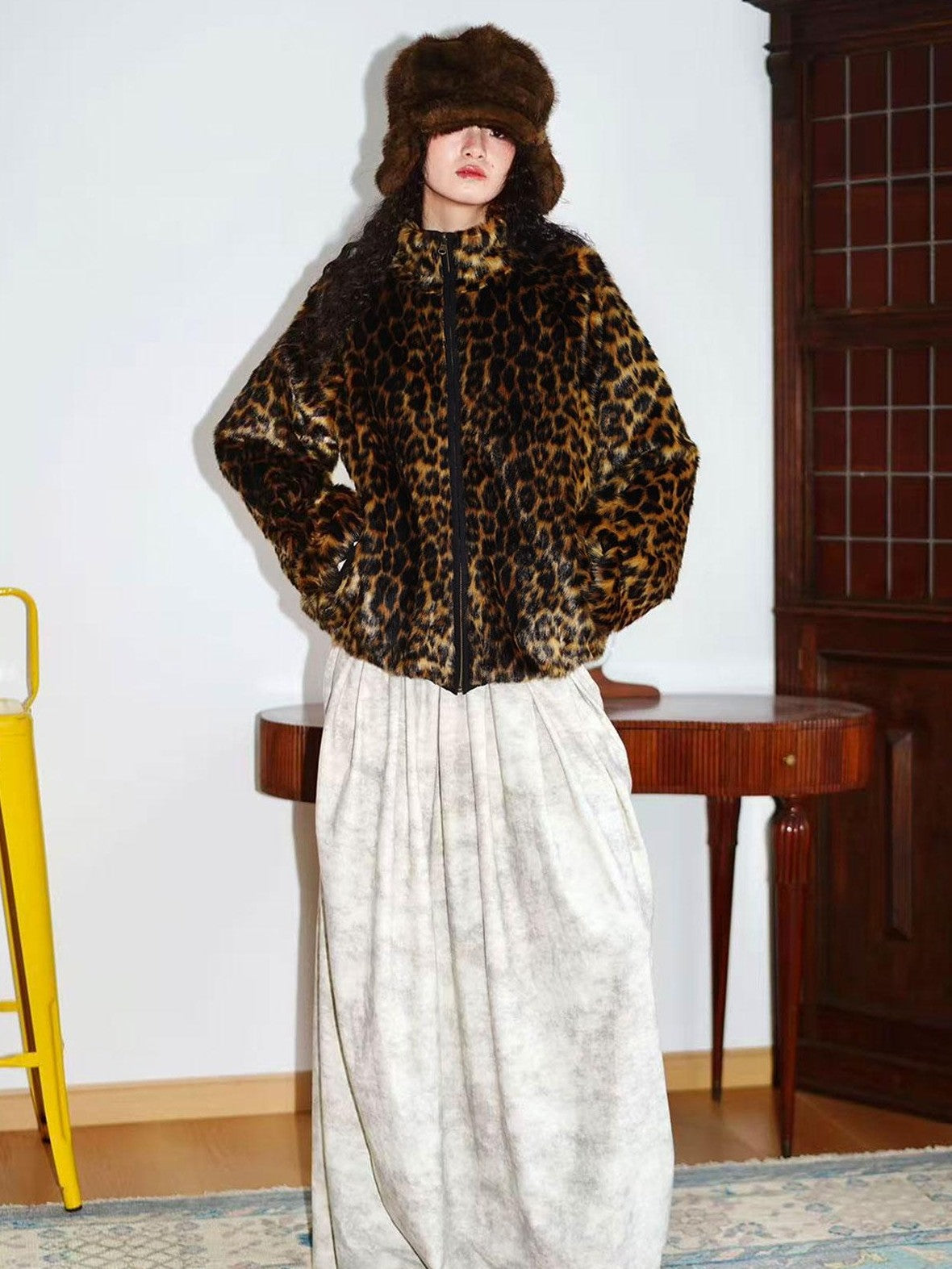 badtaste Western Vintage Colorblock Leopard Reversible Oversized Women's Faux Fur Coats