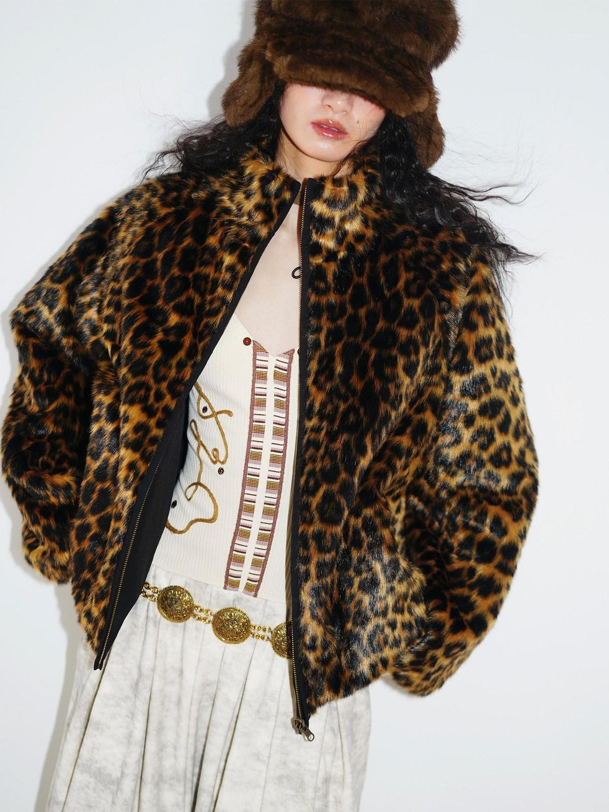 badtaste Western Vintage Colorblock Leopard Reversible Oversized Women's Faux Fur Coats