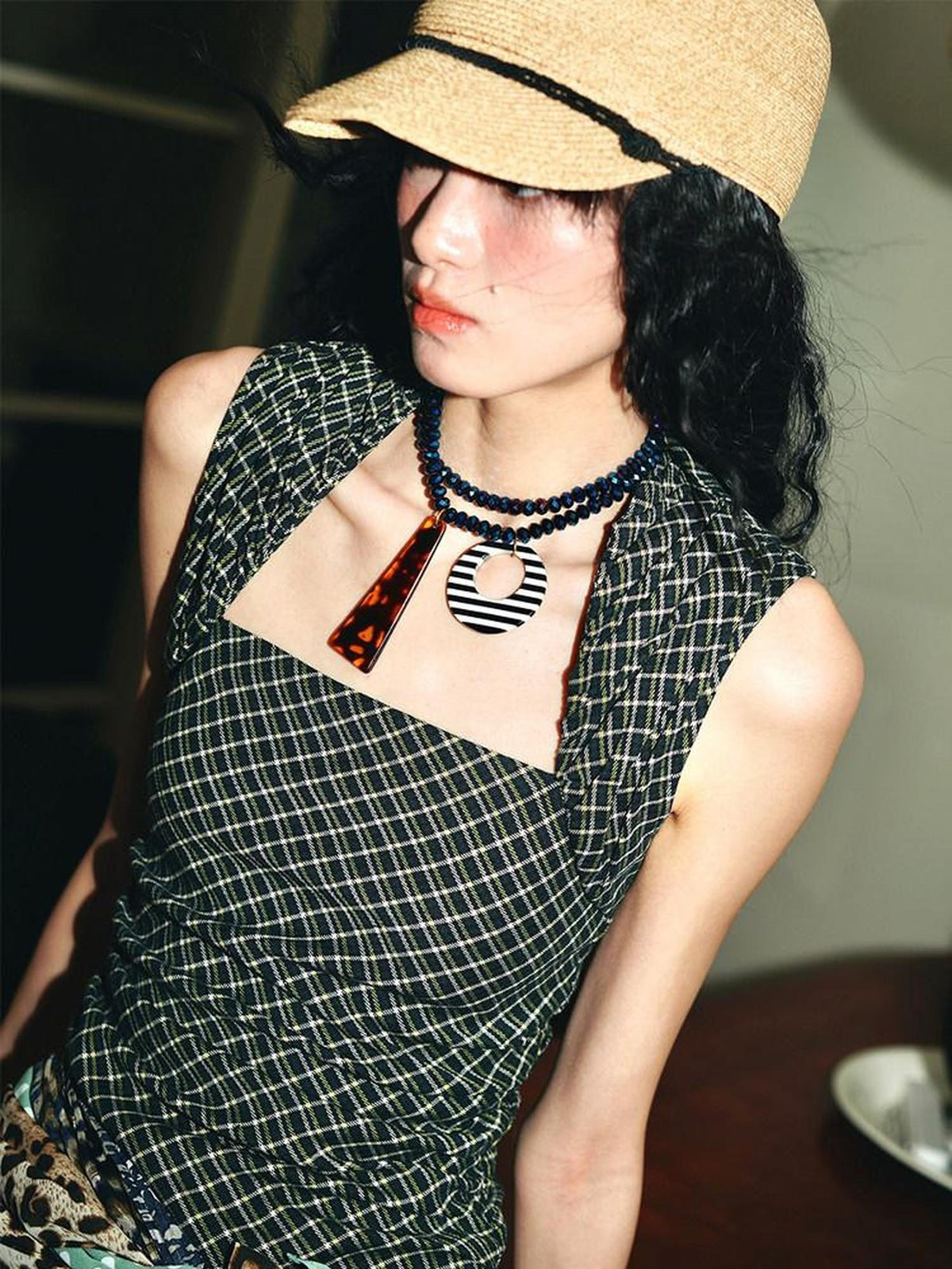 badtaste Western Vintage Colorblock Plaid Pinched Pleat Slim Women's Tank Tops