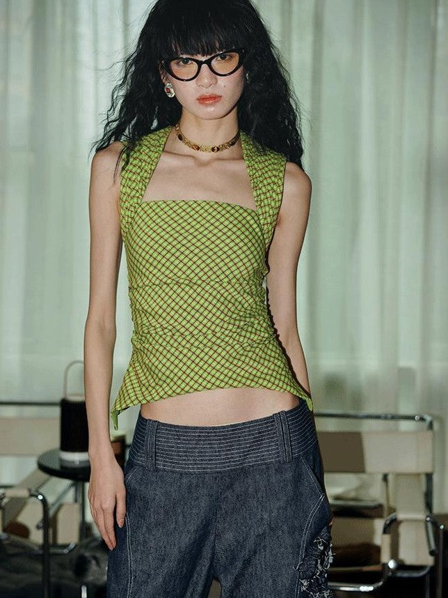 badtaste Western Vintage Colorblock Plaid Pinched Pleat Slim Women's Tank Tops