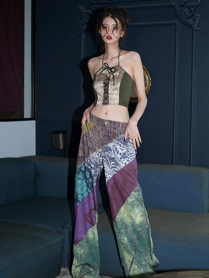 badtaste Western Vintage Colorblock Print Loose Slimming Long Women's Wide-leg Pants