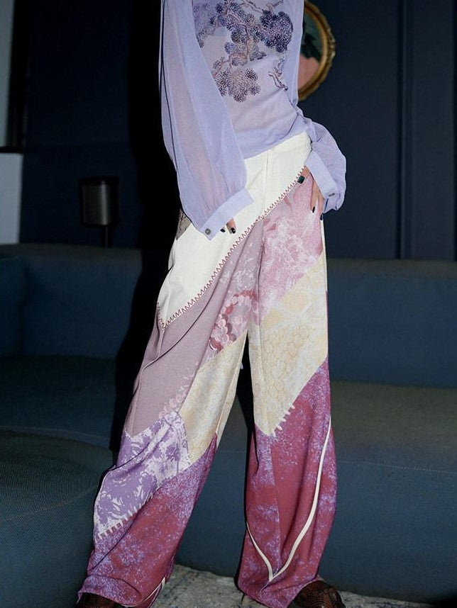 badtaste Western Vintage Colorblock Print Loose Slimming Long Women's Wide-leg Pants
