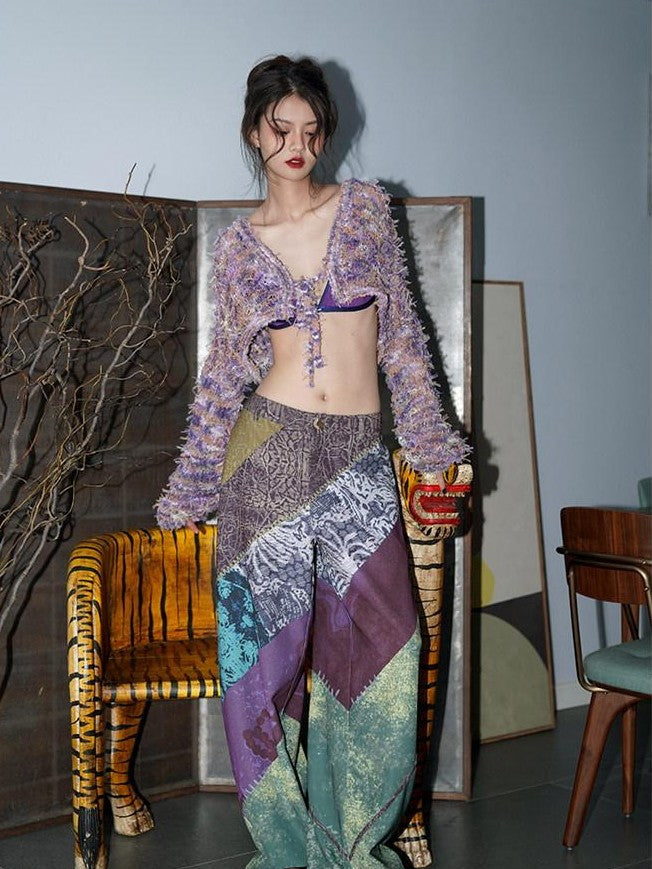 badtaste Western Vintage Colorblock Print Loose Slimming Long Women's Wide-leg Pants