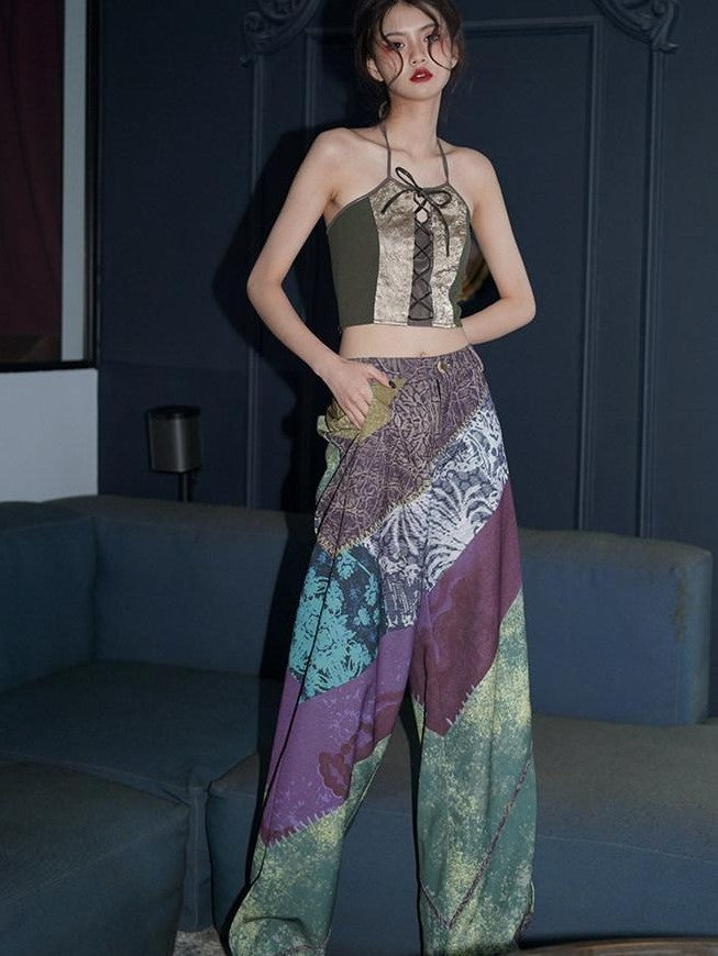 badtaste Western Vintage Colorblock Print Loose Slimming Long Women's Wide-leg Pants